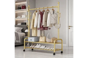 Thickened Design Balcony Storage Metal Floor-Standing Double-Tier Coat and Hat Rack coat rack with Wheels