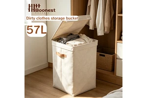 Linen Laundry Hamper With Lid, Large Collapsible Laundry Basket With Fabric Handles, Foldable Dirty Clothes Storage Bin