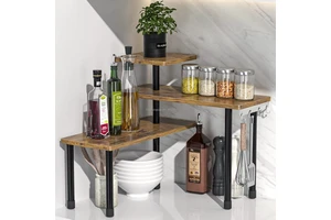 Countertop Organizer 3-Tier Moveable Corner Shelf Kitchen Spice Rack Dresser Table Brown MDF & Steel Heavy Duty