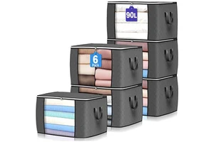 6 Pack 90 L Large Storage Bags Clothes Storage Bins Foldable Closet Organizers Containers with Reinforced Handle for Clothing