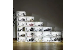 LED Light-Up Shoe Storage Box Voice-Activated Transparent Side Open Stackable Organizer with Classic Design for Office Use