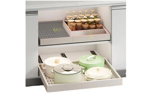 Pull-Out Cabinet Organizer Durable Flexible Width (16-21) Depth (13-17) Expandable 3 Rails Drill-Free Adjustable