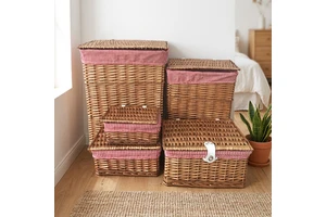 Set of 5 New Standing Wicker Eco-friendly Folk Art Laundry Hamper Storage Baskets with Lids and Lining for Clothing