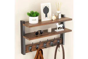 Two-Tier Heavy Duty Vintage Wall Mounted Coat Rack with Hooks and Shelf for Bathroom Living Room Spice Storage