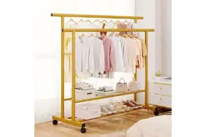 Cedar Space 120cm Movable Double Rod Metal Coat Rack Organizer with Storage Shelves Bedroom Balcony Garment Rack Clothes Rack for Shoes