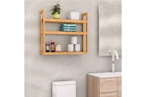 Bamboo 3-Tier Adjustable Wall-Mounted Bathroom Storage Shelf Rack Multi-functional for Home Hotel Eco-Friendly OEM Custom Logo