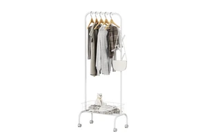 Factory Modern White Cloth Stand Multifunction Wheeled Coat Rack Basket Home Furniture Iron Storage Garment Rack for Hotel