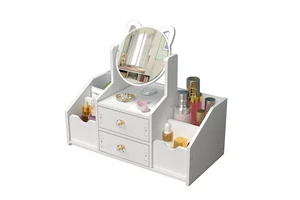 Nordic Makeup Organizer with Mirror for Vanity Countertop Dresser Cute Cosmetic Storage Box DIY Wood Skincare Display Case