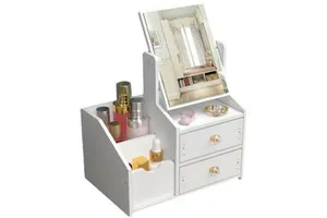 Multifunctional Luxury White Rectangle Glossy Finish Dustproof Nordic Cosmetic Storage Box Makeup Organizer Cat Ears Mirror 1-3L
