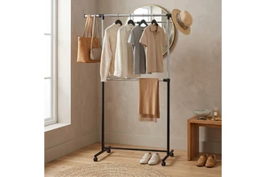 Modern Freestanding Metal Coat Rack With Double Rods And Wheels For Bedroom Or Living Room Storage