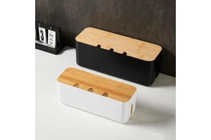 Bamboo & Plastic Injection Molded Wire Box Simple Desktop Patch Panel Data Cable Organizing Storage Box with Lid for Tools