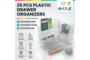 25 PCS Plastic Drawer Organizers- 4-Size Multi-Purpose Boxes for Makeup, Jewelry Storage in Bedroom, Office & Dresser