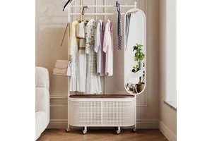 Mobile Coat Rack with Storage Cabinet Mirror | Freestanding Clothes Hanger with Full-Length Mirror for Bedroom Entryway