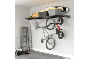 JH-Mech Wall Shelf Garage Storage Rack Custom Powder Coated Steel With Hanging Hooks Black Wire Metal Garage Wall Shelf
