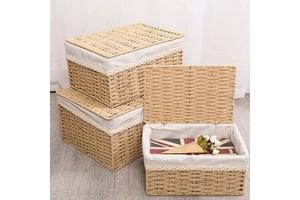 Handmade Woven Storage Basket With Lid Natural Rattan Storage Box Fabric Lined Organizer Basket for Home Bedroom Living Room