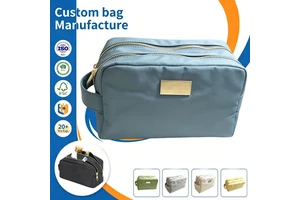Custom Logo Nylon Makeup Bag Wholesale Portable Double Zipper Travel Cosmetic Pouch With Handle For Women