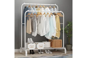 Metal Double Rod Coat Rack Durable Living Room Household Storage Shoe Clothes Rack Stylish Foot-Standing Design Clothes Racks