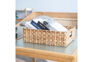 Water Hyacinth Woven Rectangular Eco-Friendly Waterproof Space Saving Storage Basket Handles for Desktop Living Room-Flexible