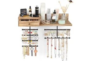Jewelry Organizer Hanging Wall Mounted Jewelry Holder with Rustic Wood Drawer & Large Capacity Storage Shelf Rack Display