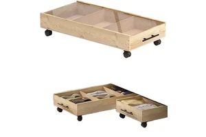 Solid Wood Under Bed Storage Drawer with Lids, Wheels, Handles Divided Cabinet for Closet Crate Organizer