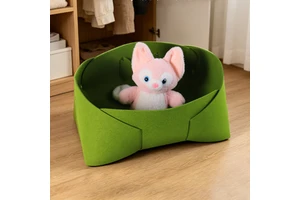 Green Foldable Felt Storage Basket Cat Bed Cute Embroidered Desk Organizer Bin for Book Cosmetics Toiletries Toy Box