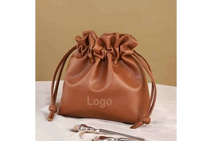 Fashion Brown Custom Portable Large PU Leather Zipper Makeup Bag
