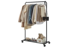 Modern 36 Inch Garment Rack With Wheels and Dense Mesh Storage Shelf Clothes Stands Coat Rack