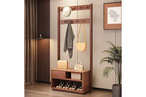 NKAHS Solid Wood Freestanding Coat Rack with Shoe Shelf and Hooks for Entryway Storage Minimalist Design