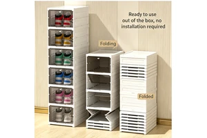 Clear Foldable Shoe Storage Box, No Assembly Required, Heavy-Duty Reinforced Stackable Shoe Organizer for Closet