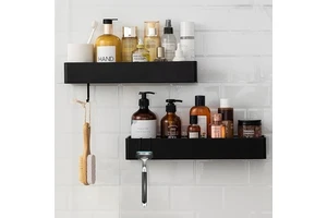 Adhesive Wall Mounted Foldable Waterproof Metal Shower Storage Shelf Rack Set for Kitchen Restaurant Home Use
