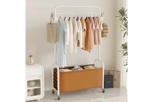 Portable Metal Coat Rack with Leather Storage Pockets