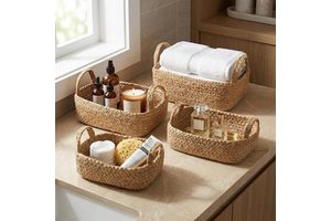Natural Water Hyacinth Country Style Storage Basket Set Of 4 Jute Rope Baskets For Kitchen/Living Room/Wardrobe Easily Fit