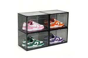 Stackable Foldable Magnetic Shoe Storage Box Transparent PET Large Sneaker Organizer with Dustproof Door for Home Living Room