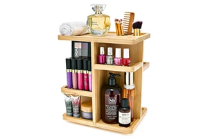 Bamboo Wood Makeup Storage Carousel Rotating Vanity Organizer for Cosmetics Skin Care Jewelry for Bathroom Storage