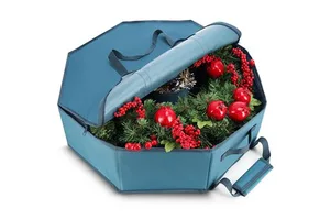 Wreath Storage Container - Hard Shell Christmas Wreath Storage Bag with Interior Pockets, Dual Zipper and Handles
