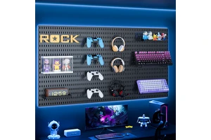 Black Gaming Room Pegboard: Wall-Mounted Display Rack for Headphones, Mouse Keyboard Desk Area Decor
