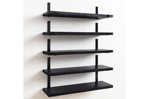 Modern Black Solid Wood Floating Hanging Shelves Double Tiers Wall Mounted Storage Rack for Kitchen Bathroom or Living Room