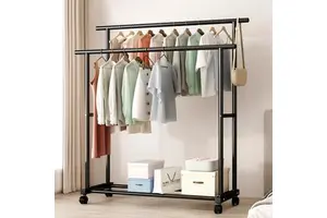 Customize Movable Double Rod Metal Clothes Rack for Bedroom Cloth Rack with Wheels and Shelf for Storing Clothes & Shoes