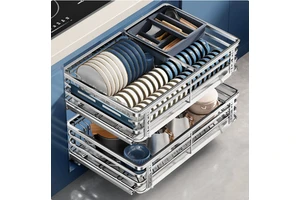 Double-Layered Stainless Steel Drawer Organizer for Kitchen Cabinets with Storage Bowls and Dishes & Utensils Made in China