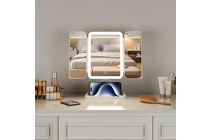 2X 3X Magnification 3 Way Tabletop White Cosmetic Lighted Travel Led Folding Tabletop Trifold Makeup With Light Vanity Mirror