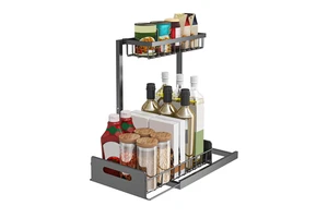 Kitchen Bathroom Under Sliding Cabinet Organizer 2 Tier Spice Drawer Organizer Black Metal Put Out Basket
