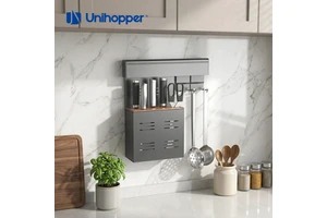Unihopper Aluminum Alloy Wall-Mounted Kitchen Storage Rack with Knife Holder Utensils Hooks Rack Hanger