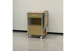 515*483mm MDF Ward Bedside Locker Foldable Height Adjustable Overbed Table Spray Coated Steel Side Plates