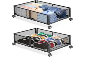 Large Foldable Metal Mesh Rolling Underbed Storage Organizer with Rack Wheels Lid Shoe Clothes Drawers for Bedroom Supplies