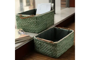 Green Woven Baskets for Storage With Side Handles and Fabric Liner for Bookshelf Pantry Organization Bulk