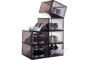 Stackable Plastic Box Clear Door Storage Box Display Sneakers Fit up to US Size 13 Black Drop Front Shoe Box