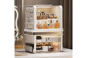Household Plastic Cosmetic Storage Box Light Luxury Cream Style Modern Large Capacity Multi-Layer Dustproof Desktop Storage