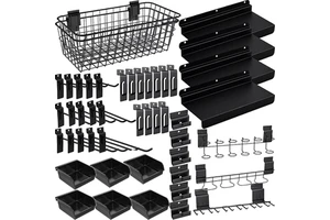 JH-Mech Slatwall Organizer Kit 40 Pieces for Effortless Garage Storage Metal Heavy Duty Slatwall Hook