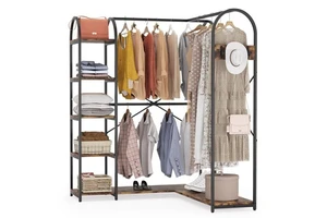 Tribesigns Free-standing L Shaped Closet Organizer with Hanging Rods Clothing Heavy Duty Metal Clothing Rack for Bedroom