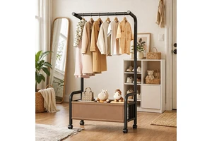 Wholesale Movable Double-Rod Coat Rack with Double-layer Storage Shelves Multifunction Garment Rack Cloth Rack